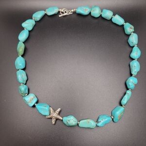 Faux Turquoise Nugget Necklace with Starfish Accent - Blue